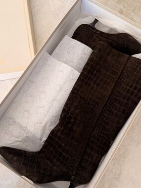 Dolce Vita Dark Brown Croc-Embossed Knee-High Heeled Boots